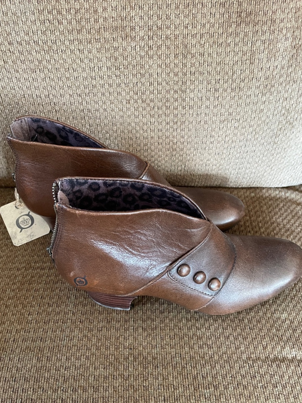 Born Brown Leather Ankle Booties with Button Accents